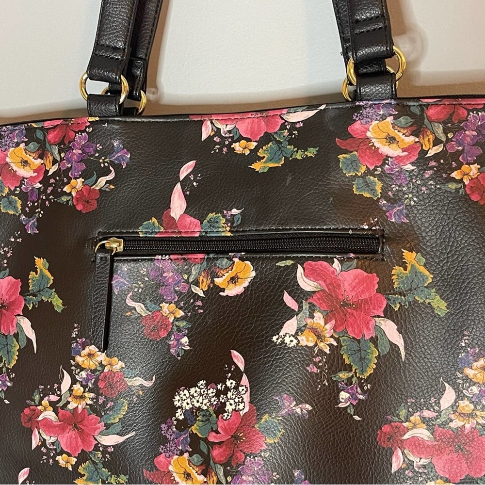 Nicole by Nicole Miller black flower satchel tote bag faux leather gold accents - Picture 7 of 8